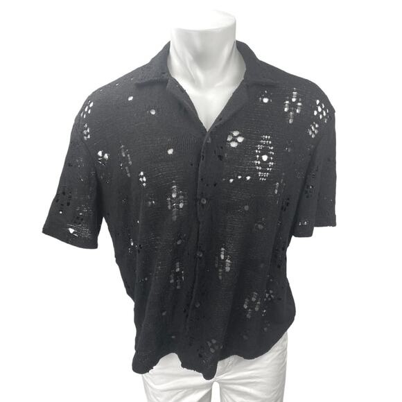 Zara Men's Black White Distressed Knit Eyelet Short Sleeve Button Up Shirt Top L - Picture 1 of 5
